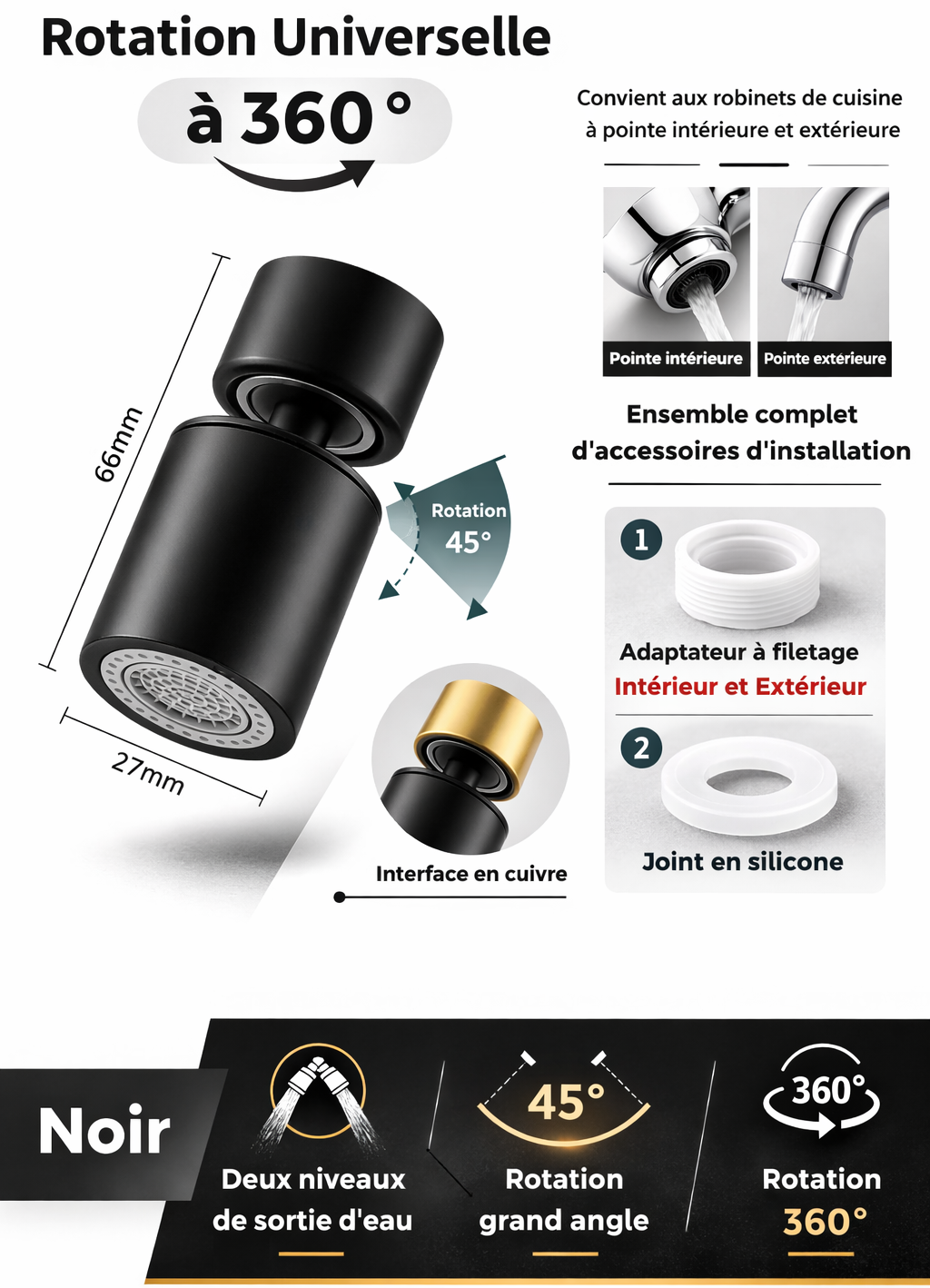 Embout Robinet 360° Rotatif – Filtre Anti-Éclaboussures Inox