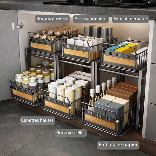 Organisateur Coulissant Sous Évier 2 Niveaux | Gain de Place Cuisine | PureKaz