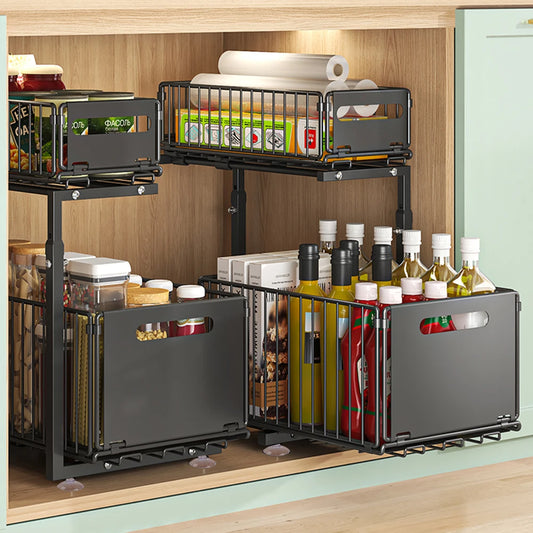 Organisateur Coulissant Sous Évier 2 Niveaux Noir | PureKaz